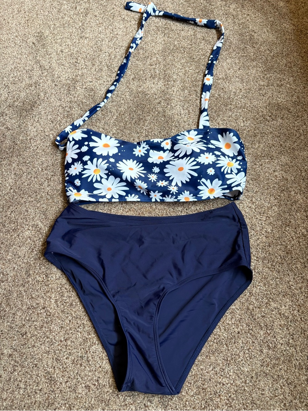 Floral Daisy Bandeau Swim Top and High-Waist Bottom - Navy Daisy